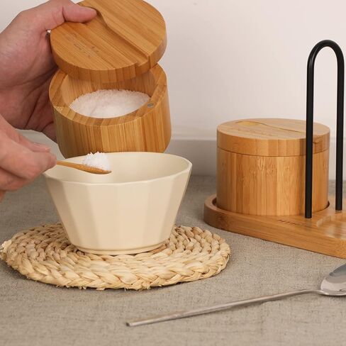 HTB Bamboo Salt Cellar Set with Spoon, Kitchen Spice Containers with Magnetic Swivel Lids, 2 Seasoning Containers Set Engraved with S and P in Saudi Arabia