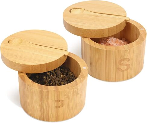 HTB Bamboo Salt Cellar Set with Spoon, Kitchen Spice Containers with Magnetic Swivel Lids, 2 Seasoning Containers Set Engraved with S and P in Saudi Arabia