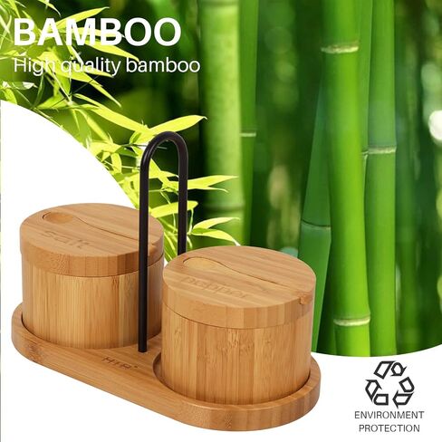 HTB Bamboo Salt Cellar Set with Spoon, Kitchen Spice Containers with Magnetic Swivel Lids, 2 Seasoning Containers Set Engraved with S and P in Saudi Arabia