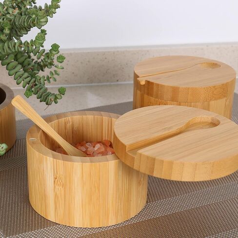 HTB Bamboo Salt Cellar Set with Spoon, Kitchen Spice Containers with Magnetic Swivel Lids, 2 Seasoning Containers Set Engraved with S and P in Saudi Arabia