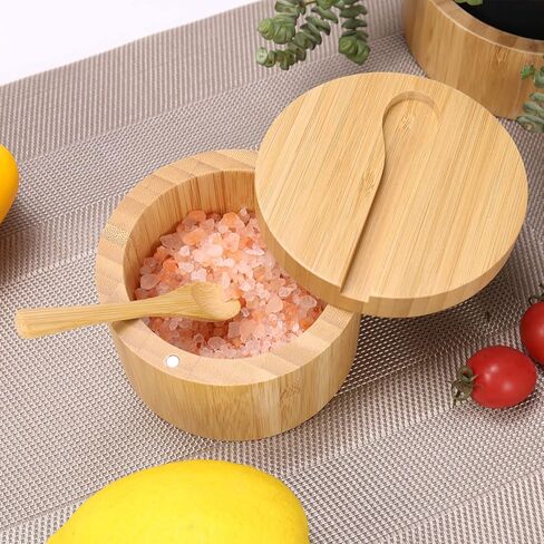 HTB Bamboo Salt Cellar Set with Spoon, Kitchen Spice Containers with Magnetic Swivel Lids, 2 Seasoning Containers Set Engraved with S and P in Saudi Arabia