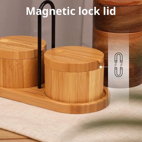 HTB Bamboo Salt Cellar Set with Spoon, Kitchen Spice Containers with Magnetic Swivel Lids, 2 Seasoning Containers Set Engraved with S and P in Saudi Arabia