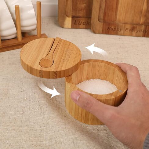 HTB Bamboo Salt Cellar Set with Spoon, Kitchen Spice Containers with Magnetic Swivel Lids, 2 Seasoning Containers Set Engraved with S and P in Saudi Arabia