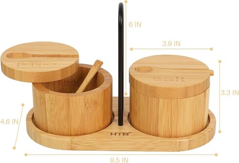HTB Bamboo Salt Cellar Set with Spoon, Kitchen Spice Containers with Magnetic Swivel Lids, 2 Seasoning Containers Set Engraved with S and P in Saudi Arabia