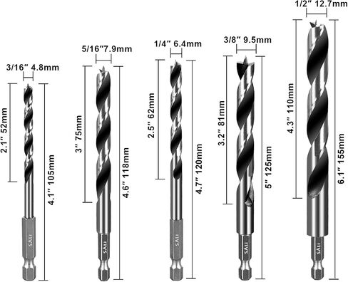 SALI Brad Point Drill Bits Set10pcs 3/16“*2+1/4"*2+5/16“*2+3/8"*2+1/2“*2 Carbon Steel Wood Drill Bit Set with 1/4" Hex Shank for Hardwood, Plywood, Plastic Round Holes in All Types of Wood in Saudi Arabia