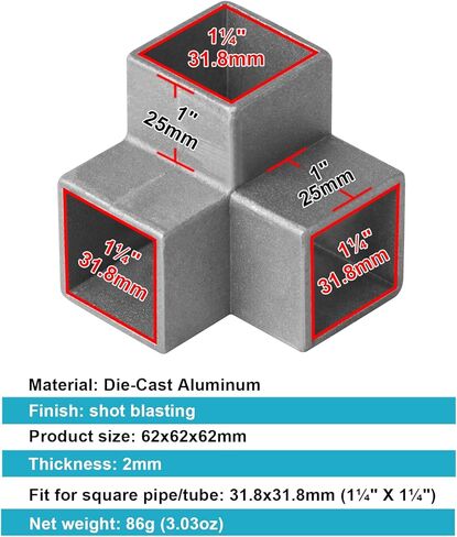 10 عبوات من مفاصل الزوايا ثلاثية الاتجاهات لأنبوب مربع 1-1/4 بوصة، موصل ألومنيوم 90 درجة، مشابك نهاية القضبان سلسلة ربط السياج، دعامة هيكلية للزاوية اليمنى، سمك 2 مم in Kuwait