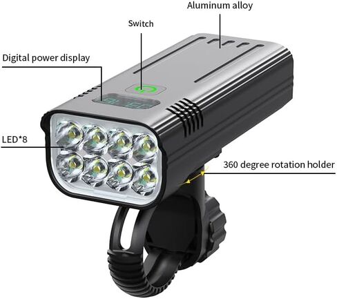 أضواء الدراجة الأمامية والخلفية لركوب الليل، 5200 مللي أمبير USB قابلة للشحن 8 مصابيح LED للدراجة، مقاومة للماء IPX5، ميزة (KX8-D) in Kuwait