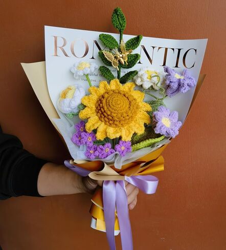 Crochet Flower Bouquet - Handmade Knitted Artificial Flowers - Crochet Sunflower to Friend Father Mom Teacher for Graduation/Birthday/Valentine's Day, Home Decor(Golden Purple) in Saudi Arabia