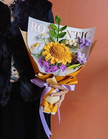 Crochet Flower Bouquet - Handmade Knitted Artificial Flowers - Crochet Sunflower to Friend Father Mom Teacher for Graduation/Birthday/Valentine's Day, Home Decor(Golden Purple) in Saudi Arabia