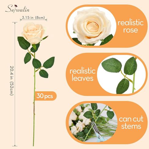 Serwalin 30pcs Artificial Roses Flowers, Orange Roses with Long Stems Realistic Fake Silk Roses Flowers for DIY Wedding Bouquet Arrangement Centerpieces Party Home Table Decorations in Kuwait