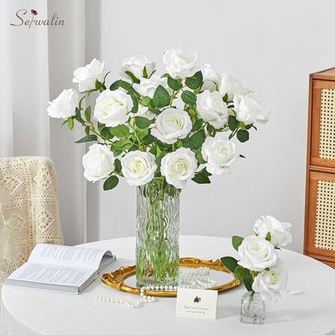 Serwalin 30pcs Artificial Roses Flowers, Orange Roses with Long Stems Realistic Fake Silk Roses Flowers for DIY Wedding Bouquet Arrangement Centerpieces Party Home Table Decorations in Kuwait