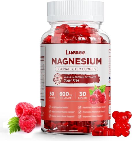 High Absorption Magnesium Glycinate Gummies 600mg Per Serving, Tasty Sugar Free Magnesium Supplement Chews with Coq10 Vitamin D, B6, Vegan Calm Gummies for Adults & Kids(Raspberry, 60 Count) in Saudi Arabia