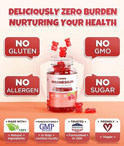 High Absorption Magnesium Glycinate Gummies 600mg Per Serving, Tasty Sugar Free Magnesium Supplement Chews with Coq10 Vitamin D, B6, Vegan Calm Gummies for Adults & Kids(Raspberry, 60 Count) in Saudi Arabia