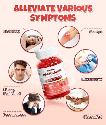 High Absorption Magnesium Glycinate Gummies 600mg Per Serving, Tasty Sugar Free Magnesium Supplement Chews with Coq10 Vitamin D, B6, Vegan Calm Gummies for Adults & Kids(Raspberry, 60 Count) in Saudi Arabia