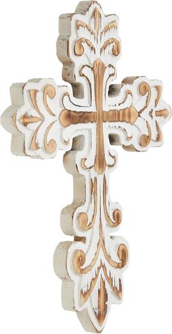 SOFE Rustic Wall Crosses for Home Decor - Washed White Decorative Cross - Wooden Cross Wall Decor for Home Room Decorative, Easter Religious Gifts Art Sculpture - Hand Carving Unique Pattern in Saudi Arabia