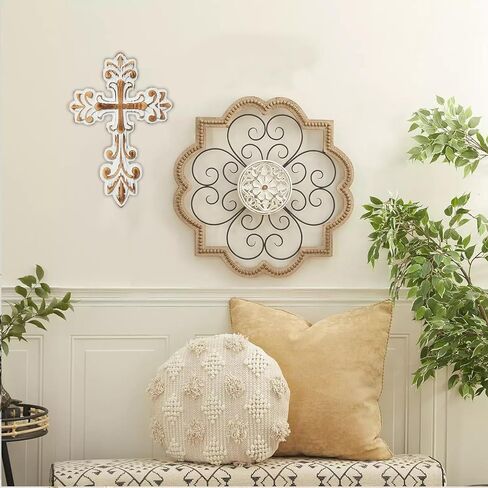 SOFE Rustic Wall Crosses for Home Decor - Washed White Decorative Cross - Wooden Cross Wall Decor for Home Room Decorative, Easter Religious Gifts Art Sculpture - Hand Carving Unique Pattern in Saudi Arabia