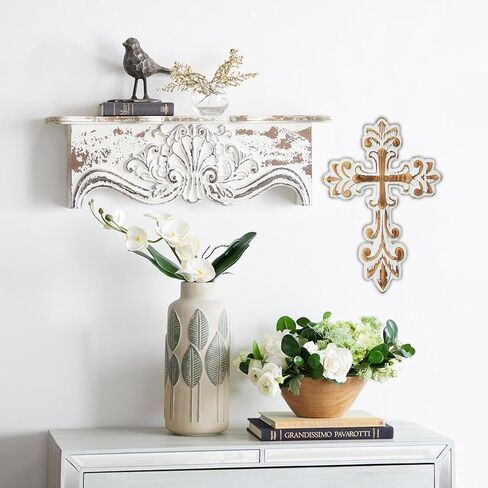 SOFE Rustic Wall Crosses for Home Decor - Washed White Decorative Cross - Wooden Cross Wall Decor for Home Room Decorative, Easter Religious Gifts Art Sculpture - Hand Carving Unique Pattern in Saudi Arabia