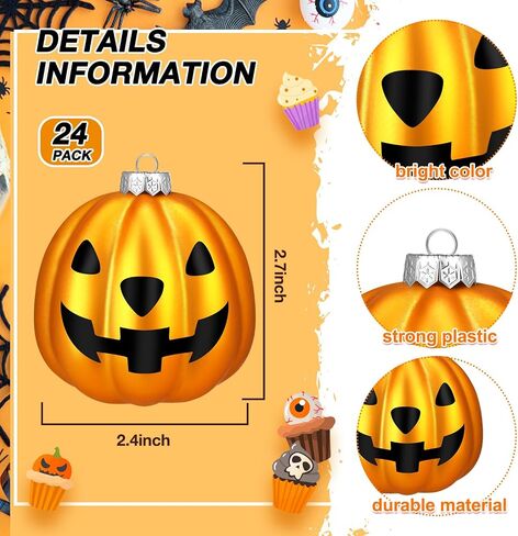 Zhanmai Halloween Ornaments Jack O Lantern Tree Decorations Plastic Pumpkin Decor Night Christmas Tree Ornaments Decorative Hanging Ornaments(Black, White,24 Pcs) in Saudi Arabia