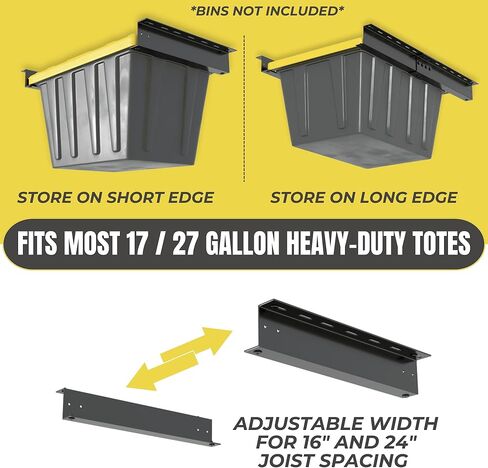 Overhead Garage Storage Rack for Tote Bins - Organization System for 3 Containers - Adjustable Ceiling Mount Rails - Supports Heavy-Duty 17/27 Gallon Bins - Alloy Steel (3 Sets) in Kuwait