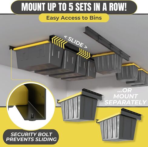 Overhead Garage Storage Rack for Tote Bins - Organization System for 3 Containers - Adjustable Ceiling Mount Rails - Supports Heavy-Duty 17/27 Gallon Bins - Alloy Steel (3 Sets) in Kuwait