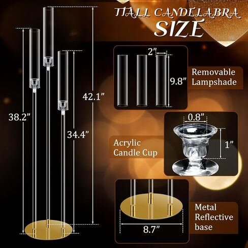 Tessco 6 Set 42.1" Acrylic Floor Candelabra Centerpieces 3 Arm Acrylic Candle Holder with Clear Lampshade Gold Metal Base Tall Candelabra for Wedding Birthday Dinner Party Home Fit 0.8" LED Candle in Saudi Arabia