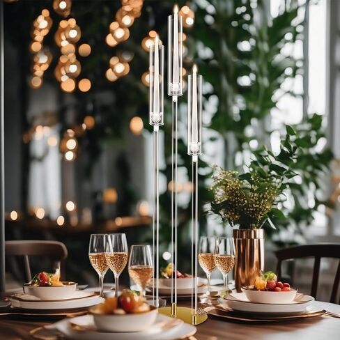 Tessco 6 Set 42.1" Acrylic Floor Candelabra Centerpieces 3 Arm Acrylic Candle Holder with Clear Lampshade Gold Metal Base Tall Candelabra for Wedding Birthday Dinner Party Home Fit 0.8" LED Candle in Saudi Arabia