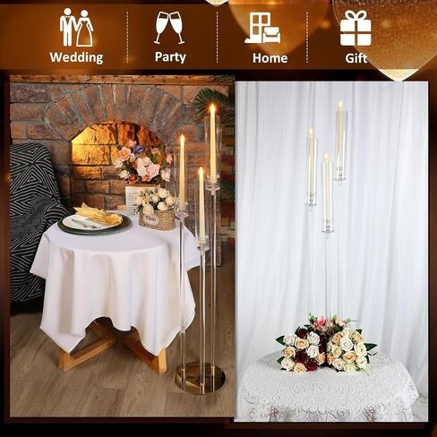 Tessco 6 Set 42.1" Acrylic Floor Candelabra Centerpieces 3 Arm Acrylic Candle Holder with Clear Lampshade Gold Metal Base Tall Candelabra for Wedding Birthday Dinner Party Home Fit 0.8" LED Candle in Saudi Arabia