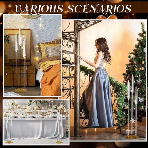 Tessco 6 Set 42.1" Acrylic Floor Candelabra Centerpieces 3 Arm Acrylic Candle Holder with Clear Lampshade Gold Metal Base Tall Candelabra for Wedding Birthday Dinner Party Home Fit 0.8" LED Candle in Saudi Arabia