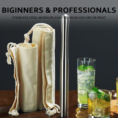 12.5" Stainless Steel Cocktail Muddler with Lewis Ice Bag Kit, Extra long Muddler for Ice Crusher Creating for Making Mojitos, Mint Drinks - Idea for Home Bar, Bartender in Saudi Arabia