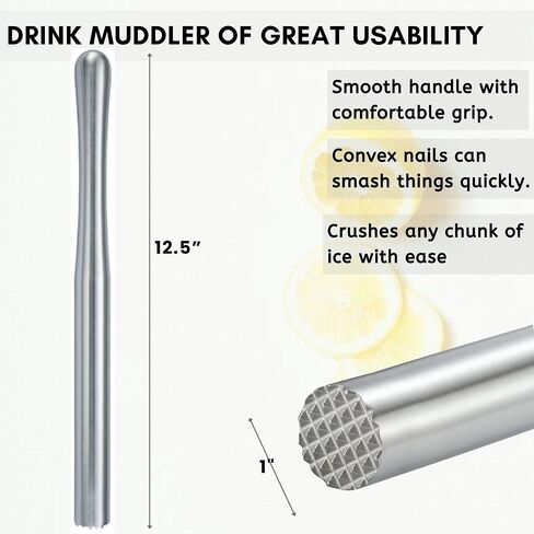 12.5" Stainless Steel Cocktail Muddler with Lewis Ice Bag Kit, Extra long Muddler for Ice Crusher Creating for Making Mojitos, Mint Drinks - Idea for Home Bar, Bartender in Saudi Arabia