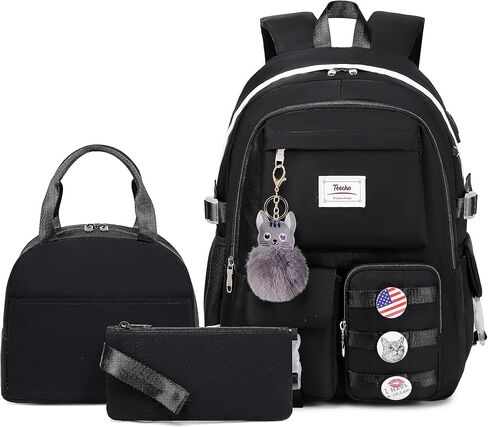 حقيبة ظهر مدرسية للفتيات، مجموعة حقيبة ظهر لطيفة للنساء، حقيبة كتب أنيقة مع حقيبة أقلام وحقيبة غداء باللون الأسود in Kuwait