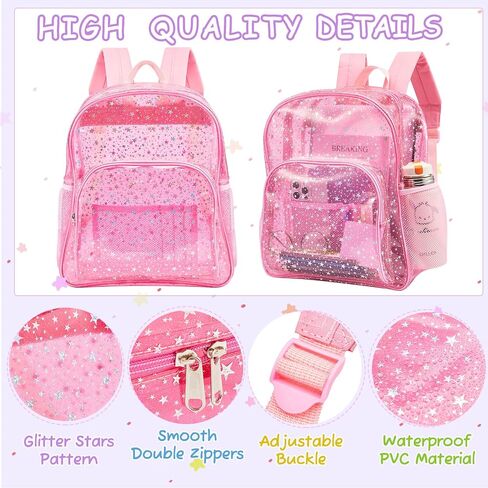 3 Pcs Pink Clear Backpack Girls Glitter Star Clear Bookbag with Lunch Bag Pencil Case See Through Iridescent Backpack School Transparent Bag for Students School Work Travel Stadium Events in Saudi Arabia