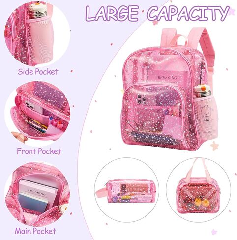 3 Pcs Pink Clear Backpack Girls Glitter Star Clear Bookbag with Lunch Bag Pencil Case See Through Iridescent Backpack School Transparent Bag for Students School Work Travel Stadium Events in Saudi Arabia
