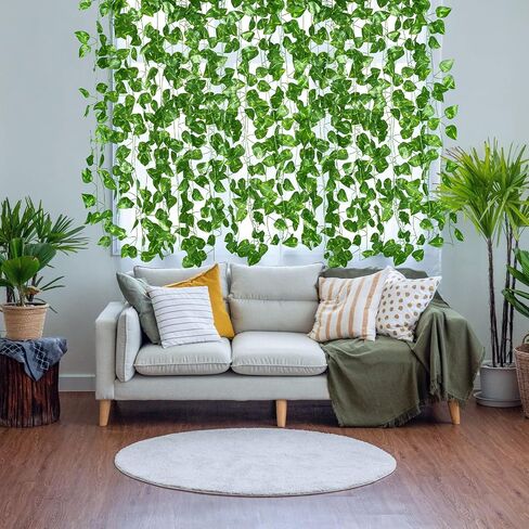 GTIDEA Fake Vines, 12 Pack 84 Feet Artificial Hanging Plants Silk Green Leaf Garlands Home Office Garden Outdoor Wall Greenery Cover Jungle Party Decoration in Saudi Arabia