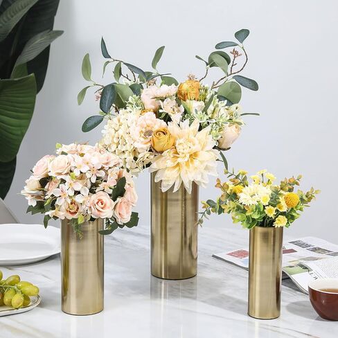 MyGift Tall Modern Brass Tone Metal Cylinder Centerpiece Flower Vases, Set of 3 - Large, Medium, Small Sizes, Handcrafted in India in Saudi Arabia