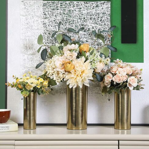 MyGift Tall Modern Brass Tone Metal Cylinder Centerpiece Flower Vases, Set of 3 - Large, Medium, Small Sizes, Handcrafted in India in Saudi Arabia