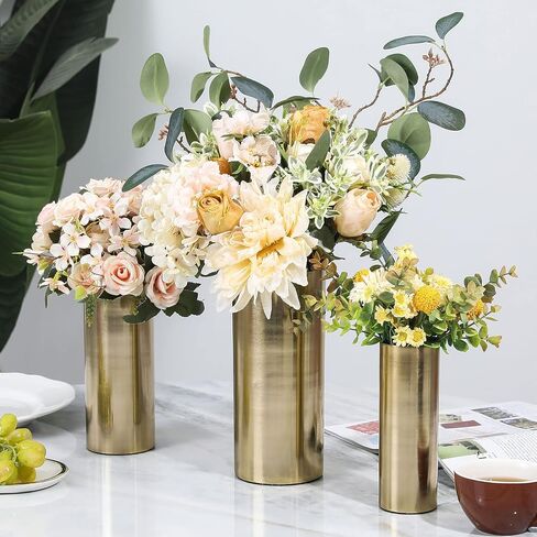MyGift Tall Modern Brass Tone Metal Cylinder Centerpiece Flower Vases, Set of 3 - Large, Medium, Small Sizes, Handcrafted in India in Saudi Arabia