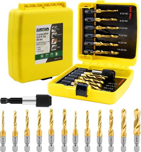 HSS Tap Bit Set - 13pcs SAE/Metric Combination Drill Tap for Drilling, Tapping, Countersinking, Titanium Combination Drill with Quick Change Shank Extension Rod Fixed on Tapping Machine in Saudi Arabia