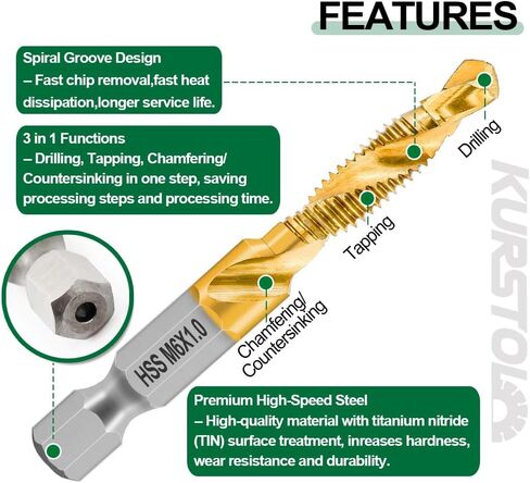 HSS Tap Bit Set - 13pcs SAE/Metric Combination Drill Tap for Drilling, Tapping, Countersinking, Titanium Combination Drill with Quick Change Shank Extension Rod Fixed on Tapping Machine in Saudi Arabia