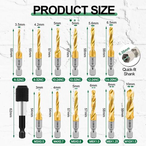 HSS Tap Bit Set - 13pcs SAE/Metric Combination Drill Tap for Drilling, Tapping, Countersinking, Titanium Combination Drill with Quick Change Shank Extension Rod Fixed on Tapping Machine in Saudi Arabia