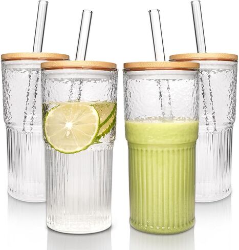 ANOTION Glass Cups with Lids and Straws - 22oz Coffee Cups Gifts for Women Drinking Glasses Iced Smoothie Cup Glass Tumbler Water Glasses Ribbed Glassware Clear Cups Travel Coffee Mug Glasses Set in Saudi Arabia