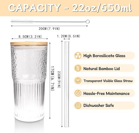 ANOTION Glass Cups with Lids and Straws - 22oz Coffee Cups Gifts for Women Drinking Glasses Iced Smoothie Cup Glass Tumbler Water Glasses Ribbed Glassware Clear Cups Travel Coffee Mug Glasses Set in Saudi Arabia