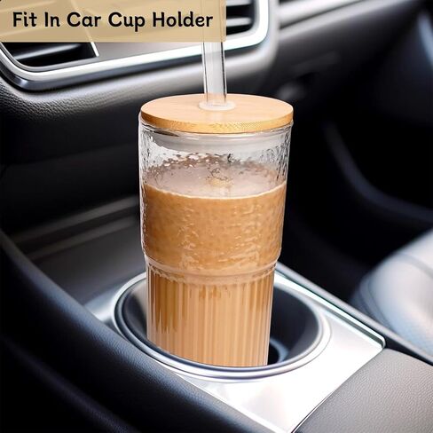 ANOTION Glass Cups with Lids and Straws - 22oz Coffee Cups Gifts for Women Drinking Glasses Iced Smoothie Cup Glass Tumbler Water Glasses Ribbed Glassware Clear Cups Travel Coffee Mug Glasses Set in Saudi Arabia