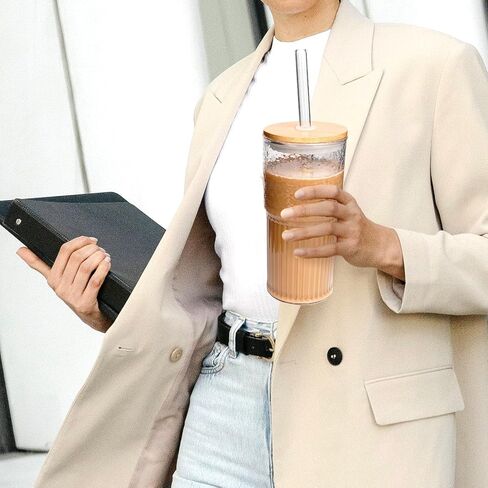 ANOTION Glass Cups with Lids and Straws - 22oz Coffee Cups Gifts for Women Drinking Glasses Iced Smoothie Cup Glass Tumbler Water Glasses Ribbed Glassware Clear Cups Travel Coffee Mug Glasses Set in Saudi Arabia