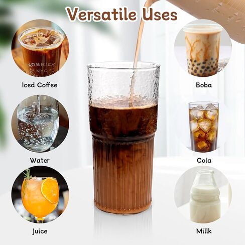 ANOTION Glass Cups with Lids and Straws - 22oz Coffee Cups Gifts for Women Drinking Glasses Iced Smoothie Cup Glass Tumbler Water Glasses Ribbed Glassware Clear Cups Travel Coffee Mug Glasses Set in Saudi Arabia