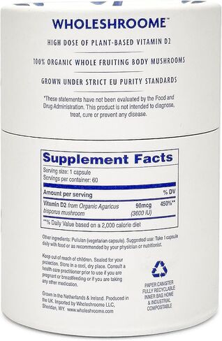 Vitamin D2 | Premium European Mushroom Supplement | High Potency (3600 IU) of Organic Whole Food Vitamin D from Mushrooms | Supports Immune, Bone Health Energy and Mood in Saudi Arabia