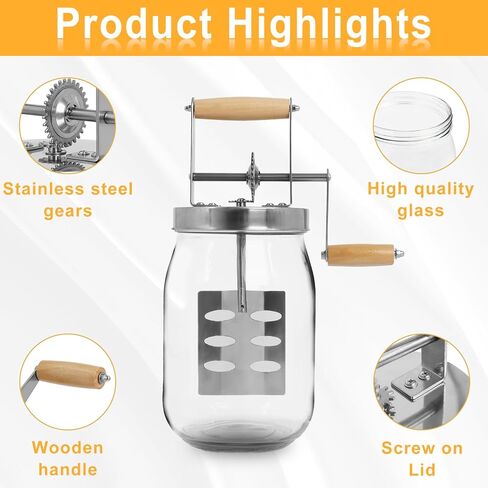 أداة زبدة زجاجية سعة 1.5 لتر من Gekufa، سعة كبيرة 52 أونصة سائلة، وعاء ميسون يدوي الصنع، زبدة الزبدة تصنع زبدة لذيذة محلية الصنع in Kuwait