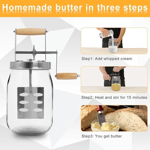 أداة زبدة زجاجية سعة 1.5 لتر من Gekufa، سعة كبيرة 52 أونصة سائلة، وعاء ميسون يدوي الصنع، زبدة الزبدة تصنع زبدة لذيذة محلية الصنع in Kuwait