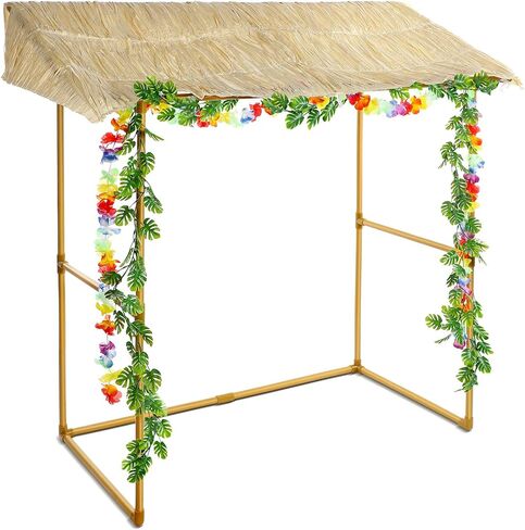 Jexine Tiki Bar Hut Tropical Tabletop Hut with 2 Pcs Decorative Artificial Monstera Tropical Garland Fake Tropical Jungle Hanging Plants for Summer Hawaiian Luau Beach Pool Party Decorations in Saudi Arabia