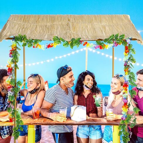 Jexine Tiki Bar Hut Tropical Tabletop Hut with 2 Pcs Decorative Artificial Monstera Tropical Garland Fake Tropical Jungle Hanging Plants for Summer Hawaiian Luau Beach Pool Party Decorations in Saudi Arabia